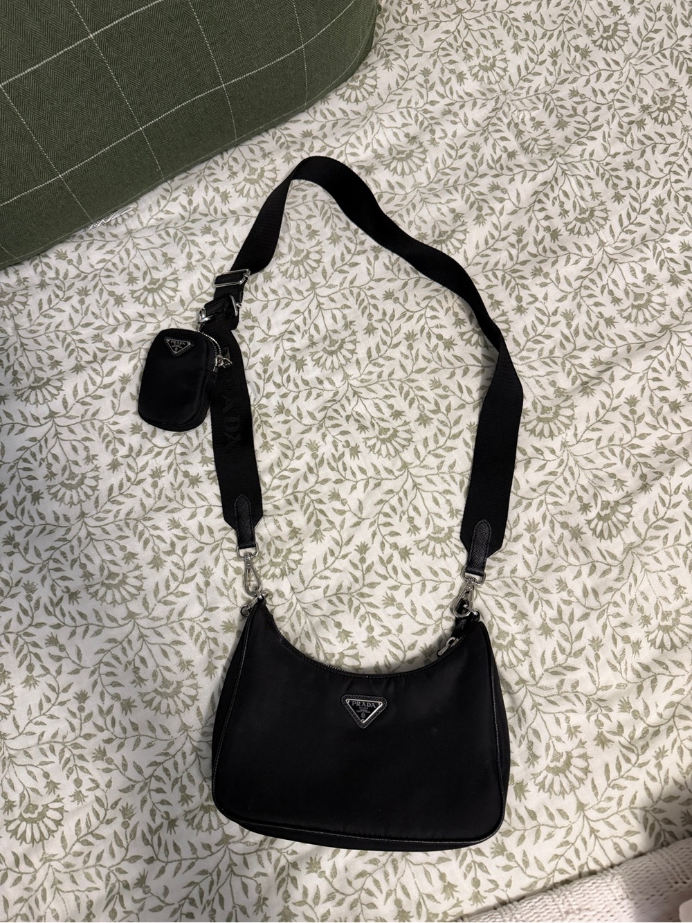 Prada Black Nylon Shoulder Bag with Wide Webbed Strap and Pouch